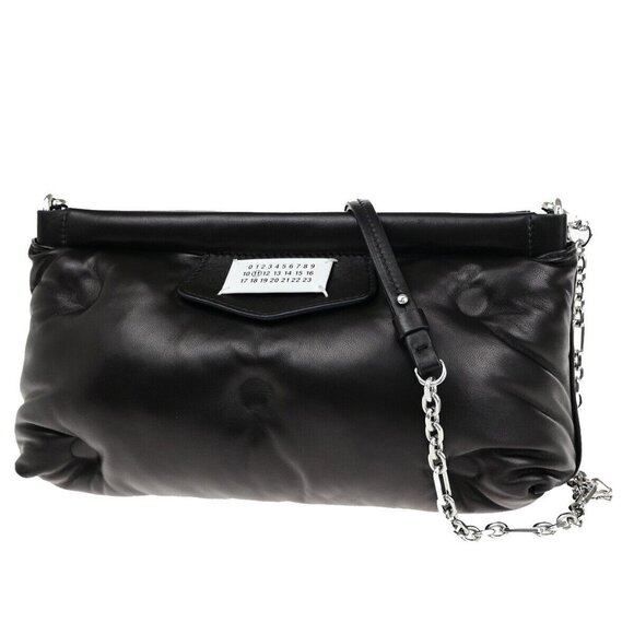 MAISON MARGIELA Logo Glam Slam Chain Clutch Hand Bag Leather Black Silve 40RF146 - Picture 1 of 15